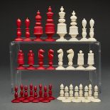 ENGLISH TURNED AND CARVED IVORY CHESS SET, 19TH CENTURYwith conventionalized pieces, the