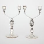 PAIR OF DANISH SILVER TWO-LIGHT CANDELABRA, #343, JOHAN ROHDE FOR GEORG JENSEN, COPENHAGEN, MID-20TH