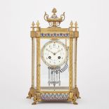 FRENCH CHAMPLEVÉ ENAMELLED GILT BRONZE REGULATOR CLOCK, C.1900with curved glass side panels and