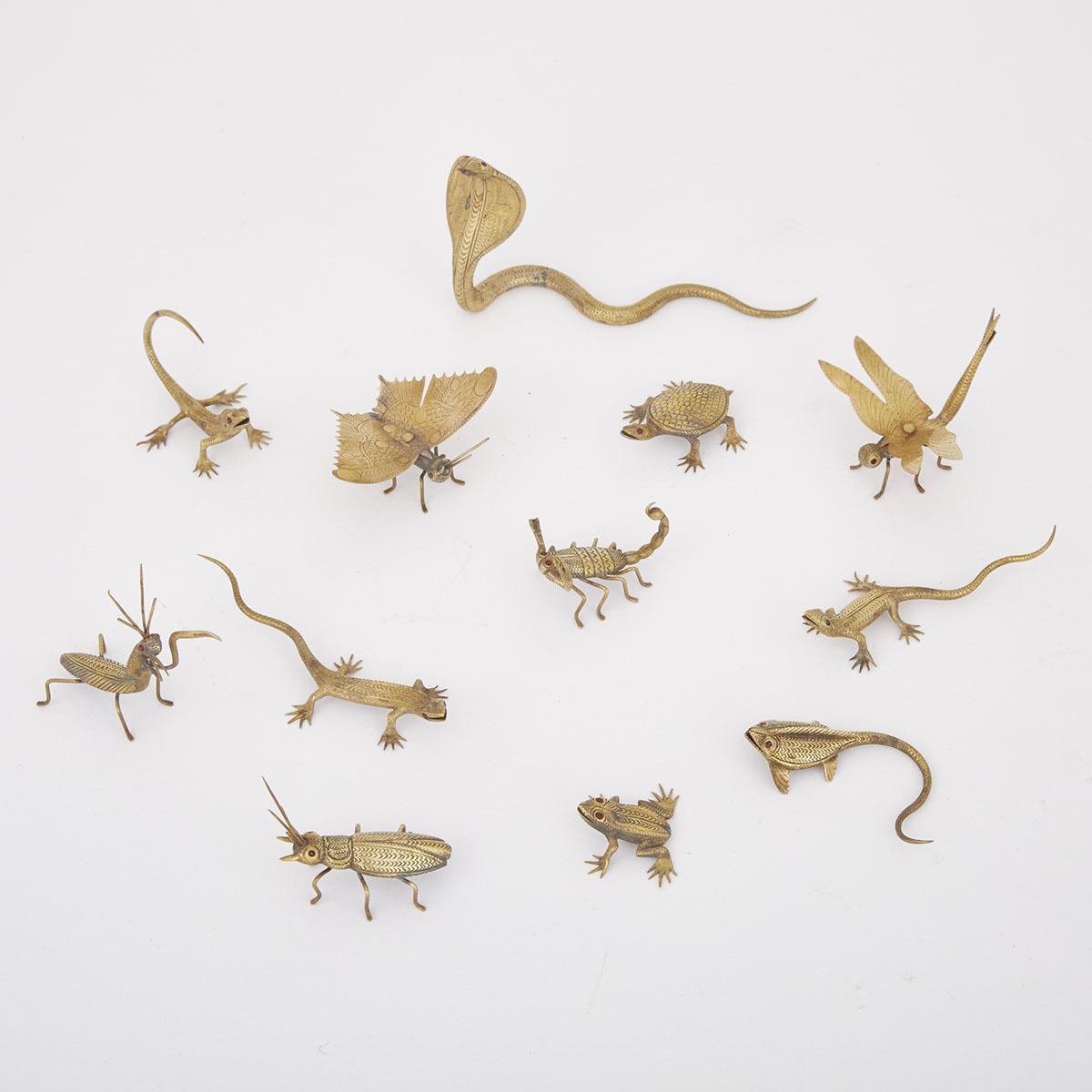 SET OF 12 AUSTRIAN GILT BRONZE REPTILE AND INSECT FORM PLACE CARD HOLDERS, MID 19TH CENTURYeach
