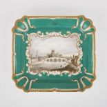 ENGLISH PORCELAIN GREEN GROUND TOPOGRAPHICAL TRAY, C.1830painted with a scene of Worcester