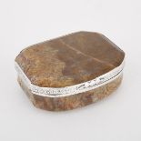 SILVER MOUNTED AGATE CARTOUCHE SHAPED SNUFF BOX, EARLY 19TH CENTURYwith engraved foliate