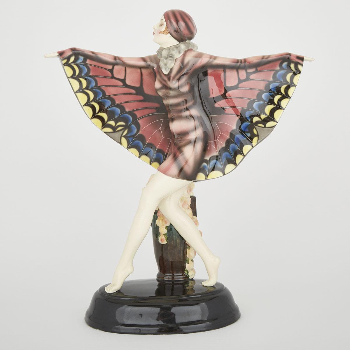 GOLDSCHEIDER FIGURE OF ‘BUTTERFLY GIRL’, JOSEF LORENZL, 1920Swearing a colourfully painted - Bild 2 aus 3