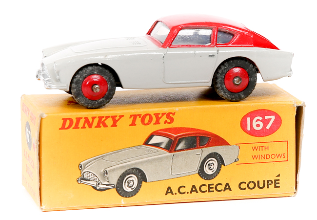 Dinky Toys A.C. Aceca Coupe (167). Example in light grey and red with red wheels. Boxed. Vehicle