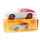 Dinky Toys A.C. Aceca Coupe (167). Example in light grey and red with red wheels. Boxed. Vehicle