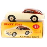Dinky Toys A.C. Aceca Coupe (167). Example in cream and dark brown with cream wheels. Boxed. Vehicle