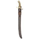 A 19th century continental sidearm,  slightly curved and swollen SE blade 19”, solid brass hilt, the