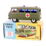 Corgi Toys Military Ambulance (354). In matt olive green with dark plastic windows, red crosses to