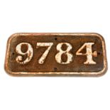 An Ex-GWR Locomotive metal Cab-Side Number Plate. RN 9784. from a class 57xx 0-6-0 Pannier Tank. The