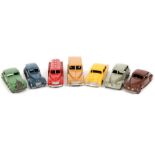 7 Dinky Toys. Chrysler Airflow (30a) in green. 3x 39 series Oldsmobile (39b) in grey with over