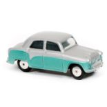 Corgi Toys Austin Cambridge (201). Example in silver over metallic green with flat spun wheels.