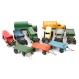 11 Dinky Toys. 7 25 series. 2x Petrol Tank Wagon (25d) in green and red ‘PETROL’ livery, black