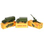 3 Dinky Toys. Bedford 3 Ton Army Wagon (621). Armoured Command Vehicle (677) and a 5.5 Medium Gun (