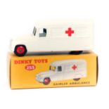 Dinky Toys Daimler Ambulance (253). An example in matt white livery with red crosses to sides and