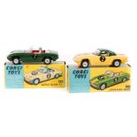 2 Corgi Toys. Lotus Elan S2 (318) in British Racing Green with yellow racing stripe, RN7 with red