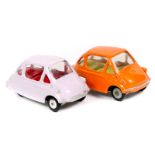 2 Corgi Toys Heinkel Economy Car (233). An example in pink with red interior, smooth wheels and