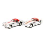 2 Corgi Toys Mercedes-Benz 300SL (303S). Both in vacuum plated silver with red roofs, RN3 and RN7,