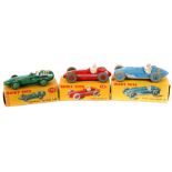 3 Dinky Toys racing cars. A Talbot Lago (230) in light blue, RN 4 in yellow. A Vanwall (239) in dark