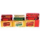 3 Dinky Toy Buses. 2 Leyland Double Decker (290) in green/cream ‘DUNLOP’ adverts and (291) in red ‘