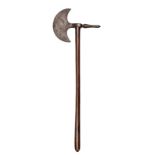 A 19th century axe, crescent blade 9½”, facetted spike, darkwood haft stamped “4B.RBR” and “ROH.V