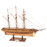 “Rhoda Mary”, a 3 masted schooner of 1898, on wooden stand, 29” long x 23” high including stand. GC