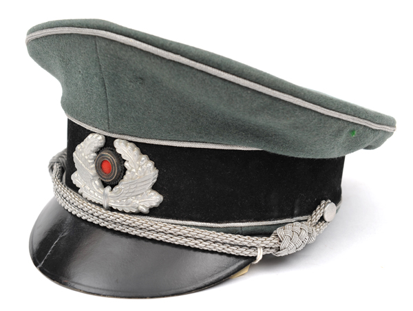 A Third Reich Army officer’s type peaked cap, with green top, black band, fibre peak and silver