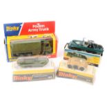 A quantity of Dinky military items. Armoured Command car (602), Land Rover Bomb Disposal Unit (604),