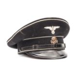 A scarce Third Reich SS man’s peaked service cap, of black twill material with leather strap,