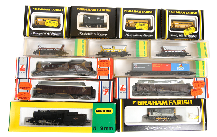 A quantity of ‘N’ gauge Locomotives and freight wagons. Minitrix – BR class 2MT 2-6-0 tender