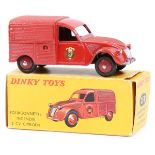 A French Dinky Toys Fourgonnette Incendie 2CV Citroen (25D). In red Pompier livery. Boxed, tear to
