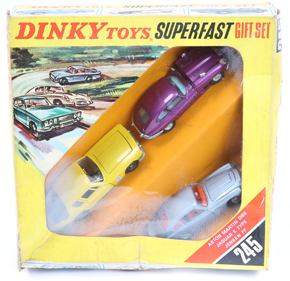 A 1960’s Dinky Toys Superfast Gift set 245. Comprising Jensen FF in bright yellow with black