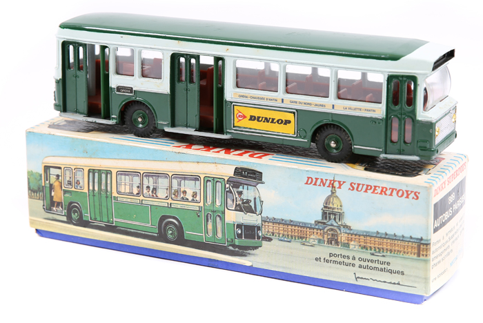 A French Dinky Toys ‘Autobus Parisien Ou Urbain’ (889). In dark green and pale green Paris bus