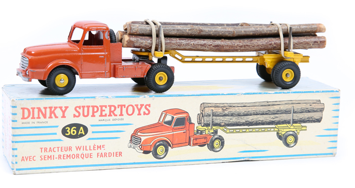 A French Dinky Supertoys Tracteur Willeme Avec Semi-Remorque Fardier (36A). Orange tractor unit with