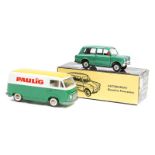 2 various makes. A loose Tekno Ford Taunus Transit Van in green and white with yellow roof ‘