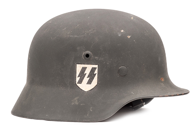 A Waffen SS M1940 steel helmet, single decal runes badge on right side, size stamp “54” on leather