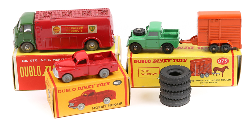 6 Dublo Dinky Toys. Commer Van (063), Austin Lorry (064), Morris Pick-Up (065), Bedford Flat