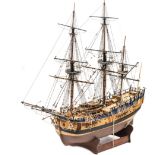 HM Barque “Endeavour” of 1768, on wooden stand, 29” long x 27” high including stand. GC Plate 3