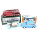 A small quantity of various makes. Tekno Mercedes-Benz 0203 coach in blue and cream. An Old Cars
