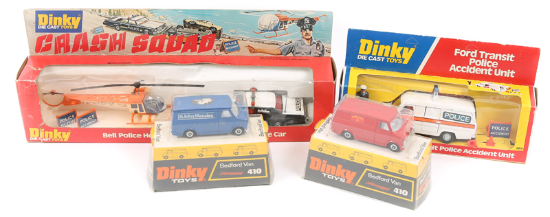 A quantity of Dinky Toys. 2x Police Crash Squad (299) comprising Bell helicopter and a Plymouth