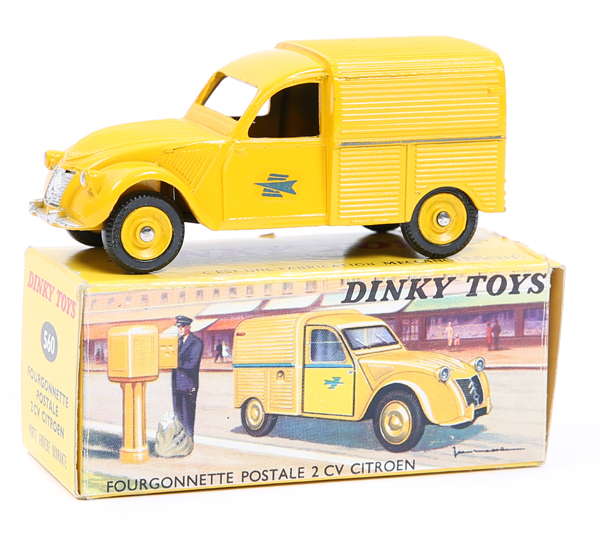 A French Dinky Toys Fourgonnette Postale 2CV Citroen (560). In bright yellow livery. Boxed, some