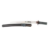 A Japanese sword Wakizashi, polished blade 14½”, iron pierced tsuba inset with three open fans,