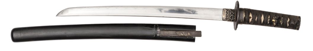 A Japanese sword Wakizashi, highly polished blade with pronounced hamon, 15”, circular iron tsuba