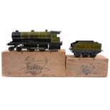 1927-1935 Bowman O Gauge live Steam 4-4-0 tender locomotive. A clockwork example in lined Apple