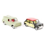 2 Corgi Toys Minis. Morris Mini Cooper (249), black body, red roof with wickerwork panels, red