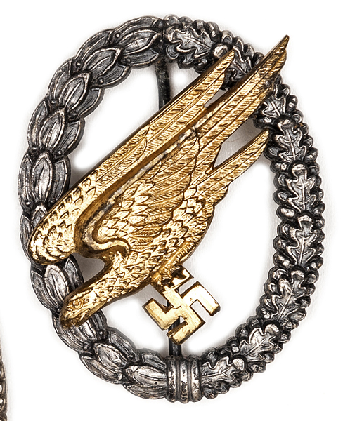 A good Third Reich Paratrooper’s badge, by G H Osang, Dresden, with gilt eagle and oxidised silver