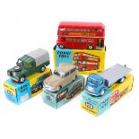 4 Corgi Toys. Hillman Husky (206) in fawn, with smooth spun wheels. Land Rover 109" W.B. (438) in