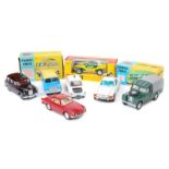 9 Corgi Toys. 2nd issue Land Rover series 2 in dark green with yellow interior, Renault Floride in