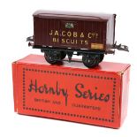 A Hornby Series O gauge ‘JACOB’S Biscuit Van’ (RS 653). An example in maroon with ‘Jacob & Co’s