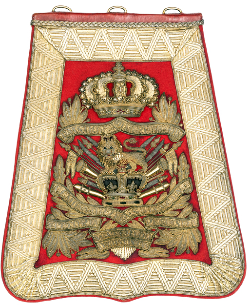 †A good Victorian officer’s full dress embroidered scarlet cloth sabretache of the 15th (the King’s)