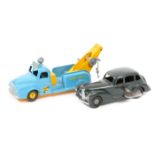 2 1950’s die-cast toys. A Budgie Towing Tender-Breakdown Truck in light blue with yellow jib, box
